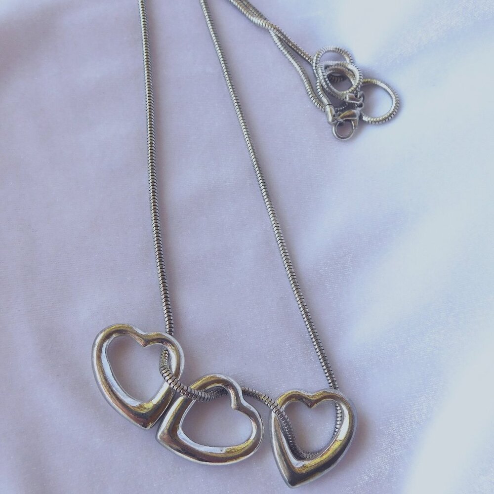 Ladies Silver Necklace with 3  Heart Pendants